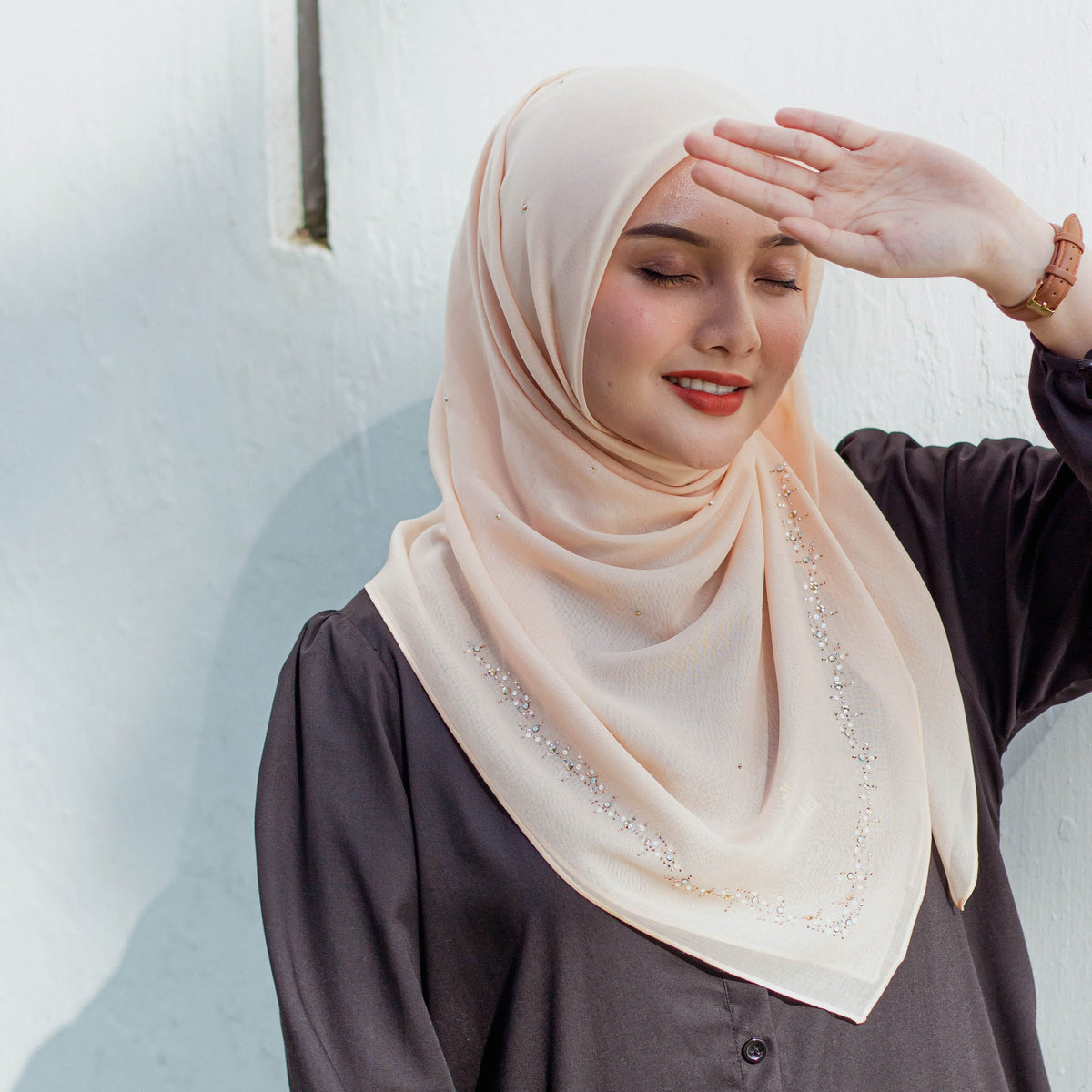 Hayali Edge-Line Square Scarf in Pale Rose Beige